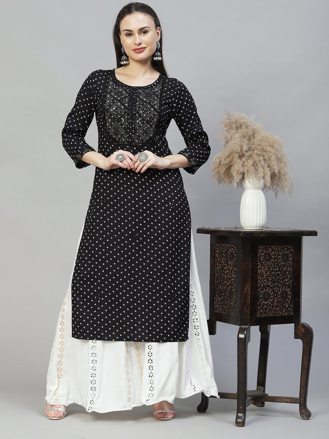 Ethnic Printed & Embroidered Straight Fit Kurta - Black - Indiakreations