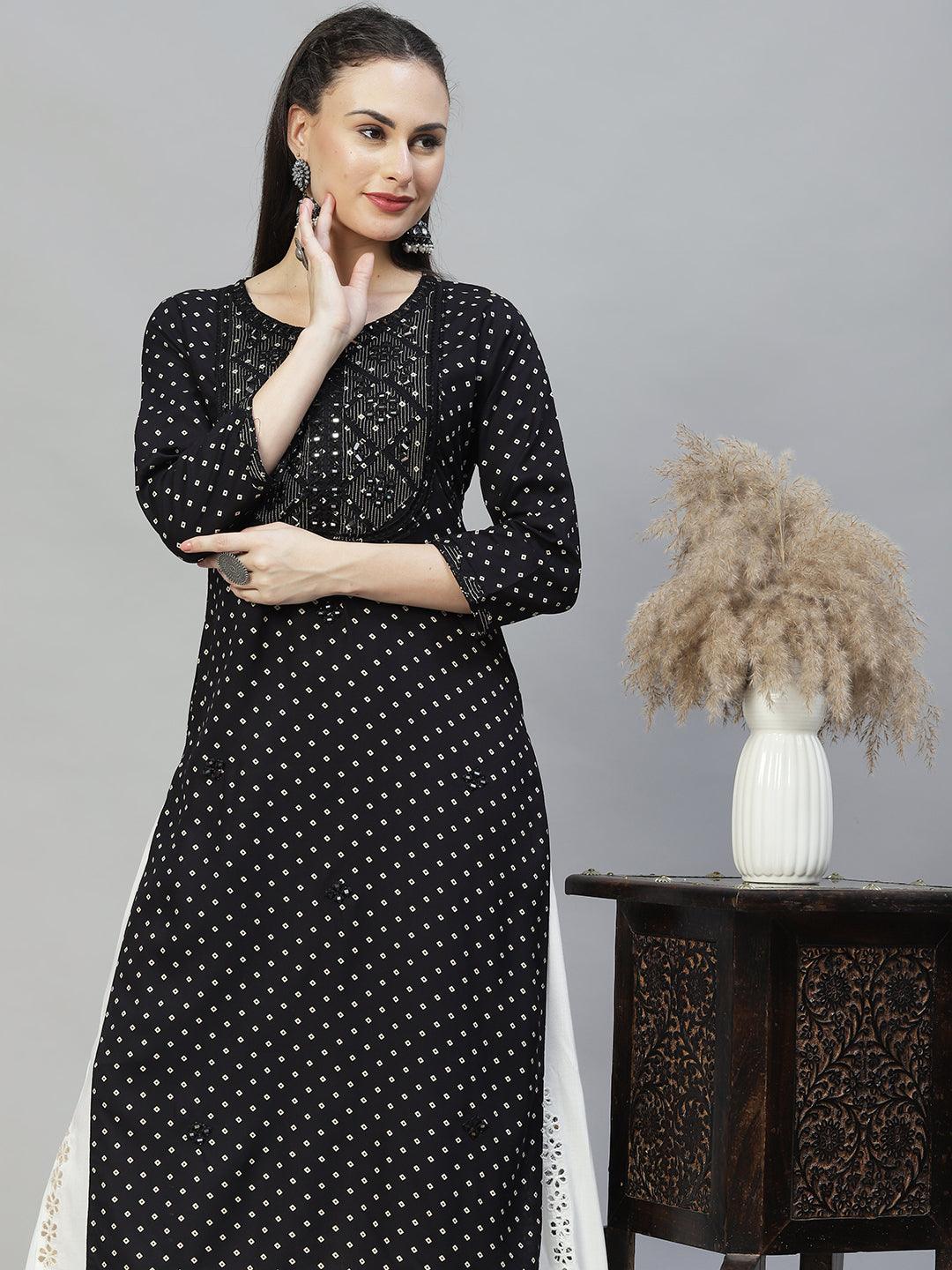 Ethnic Printed & Embroidered Straight Fit Kurta - Black - Indiakreations