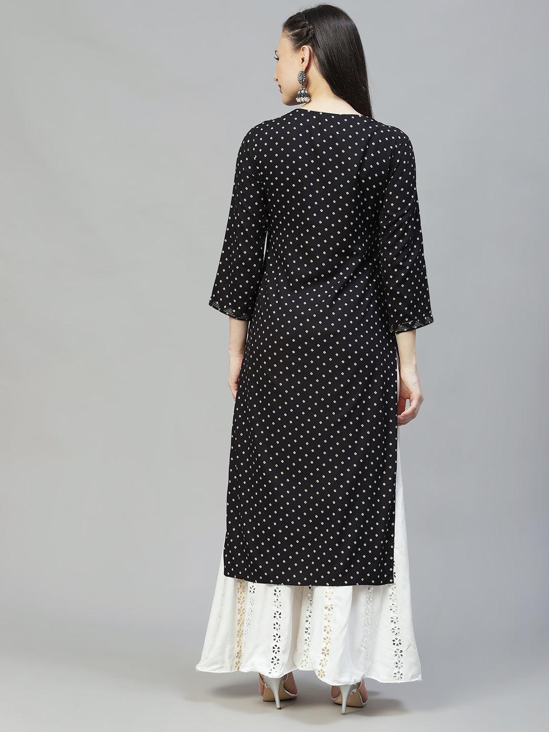 Ethnic Printed & Embroidered Straight Fit Kurta - Black - Indiakreations