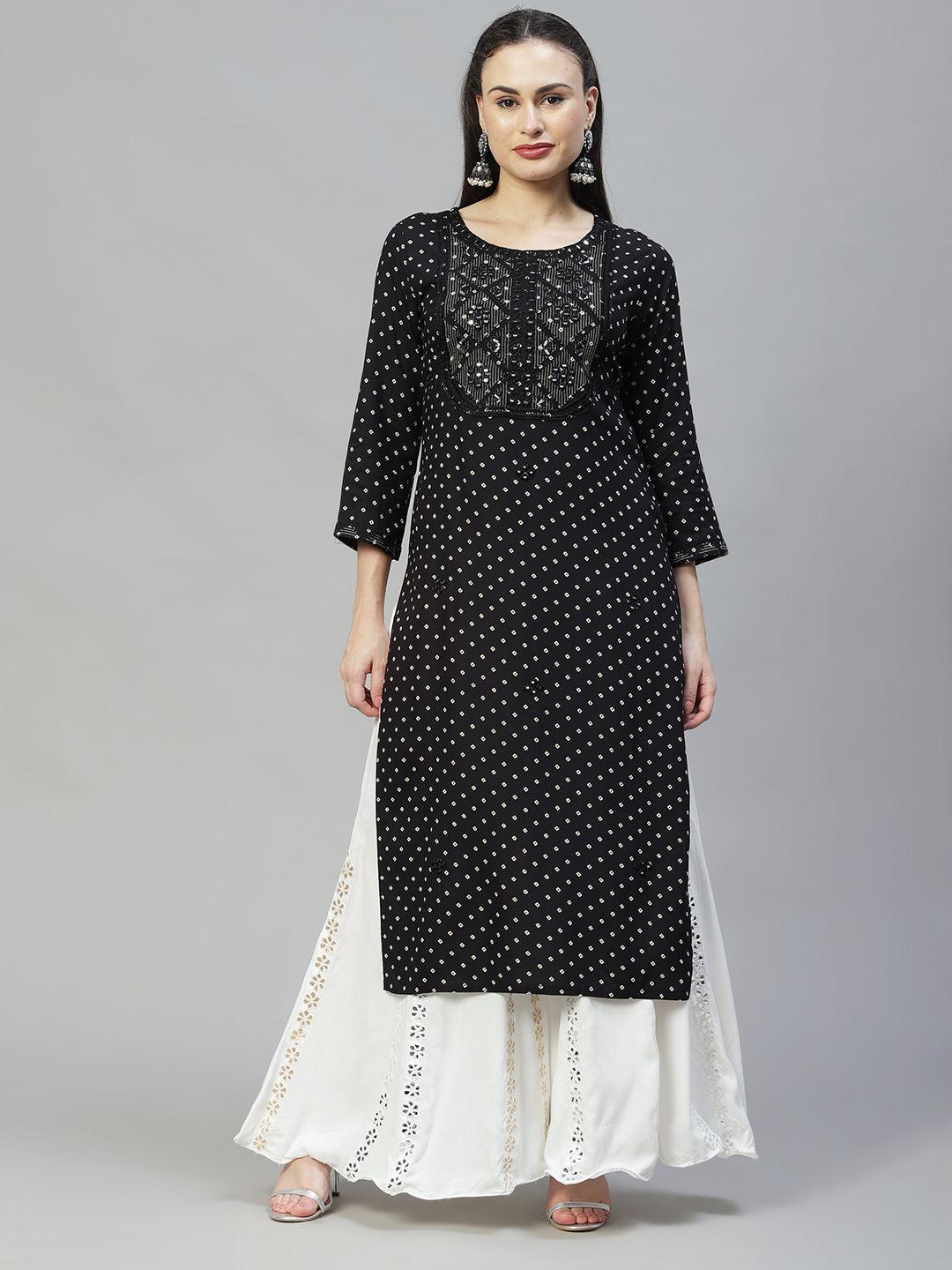 Ethnic Printed & Embroidered Straight Fit Kurta - Black - Indiakreations