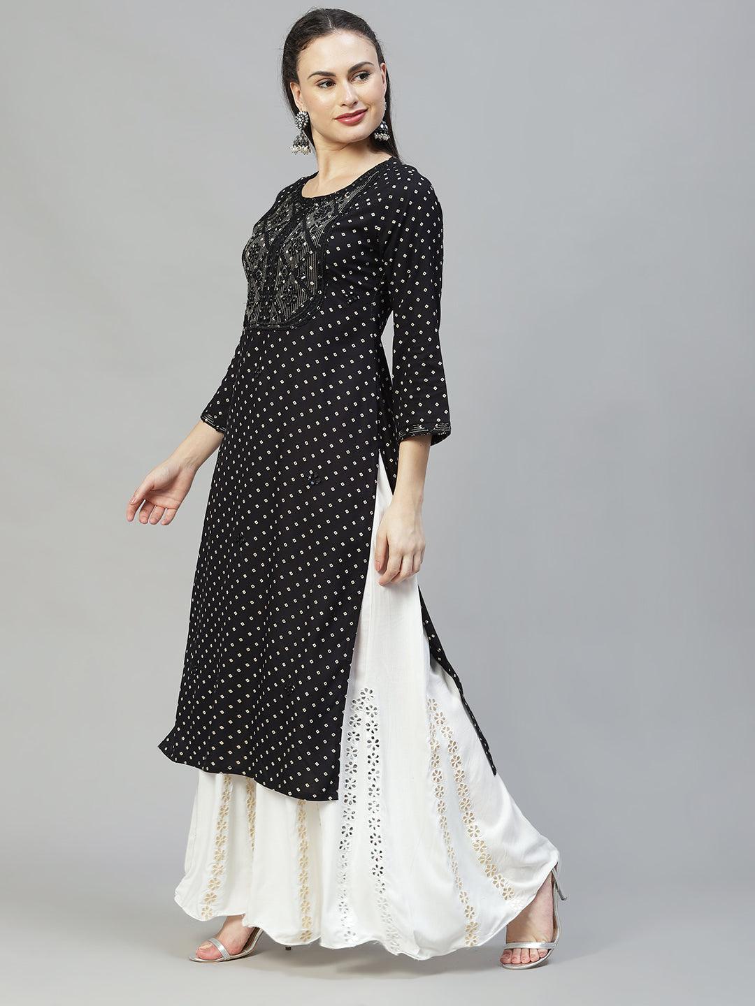 Ethnic Printed & Embroidered Straight Fit Kurta - Black - Indiakreations