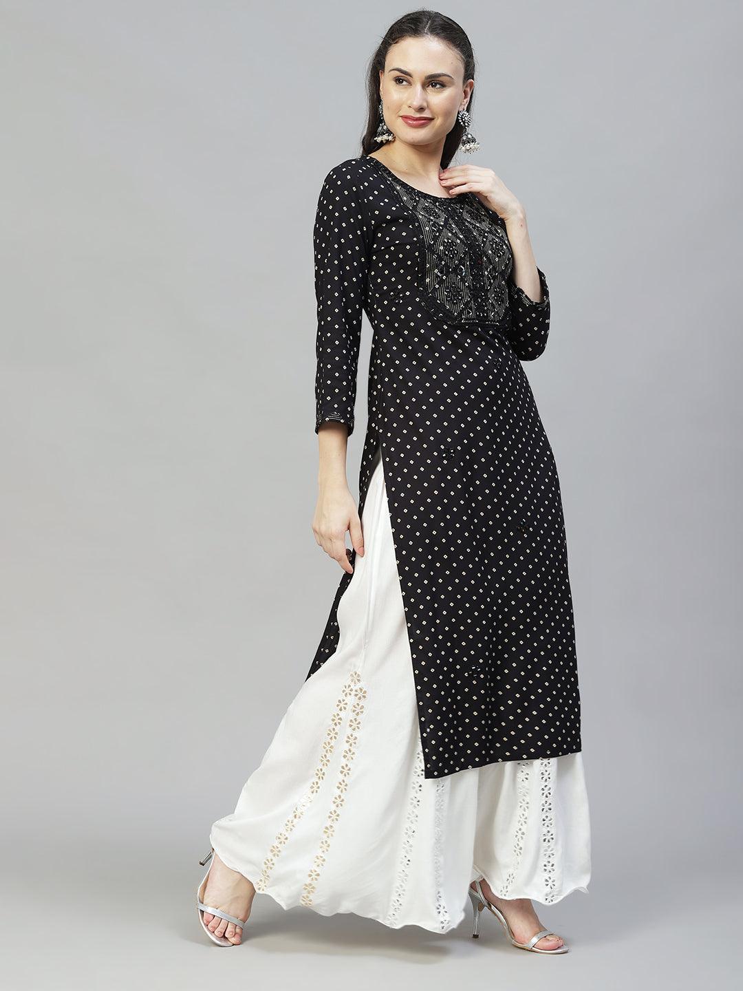 Ethnic Printed & Embroidered Straight Fit Kurta - Black - Indiakreations