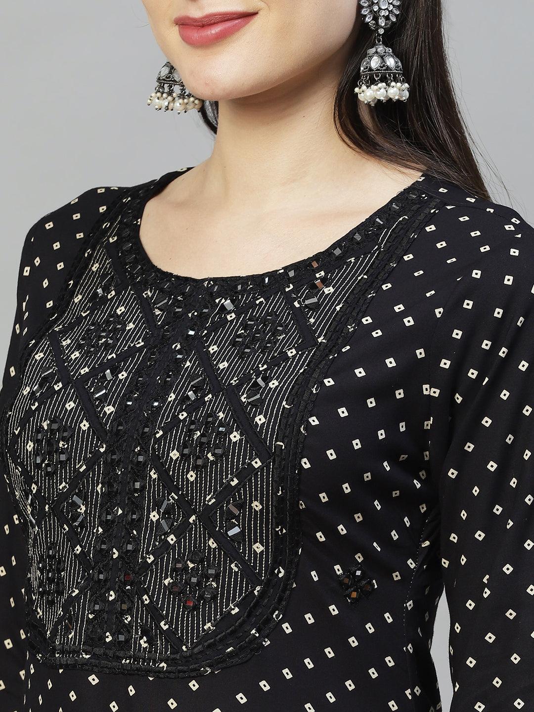 Ethnic Printed & Embroidered Straight Fit Kurta - Black - Indiakreations