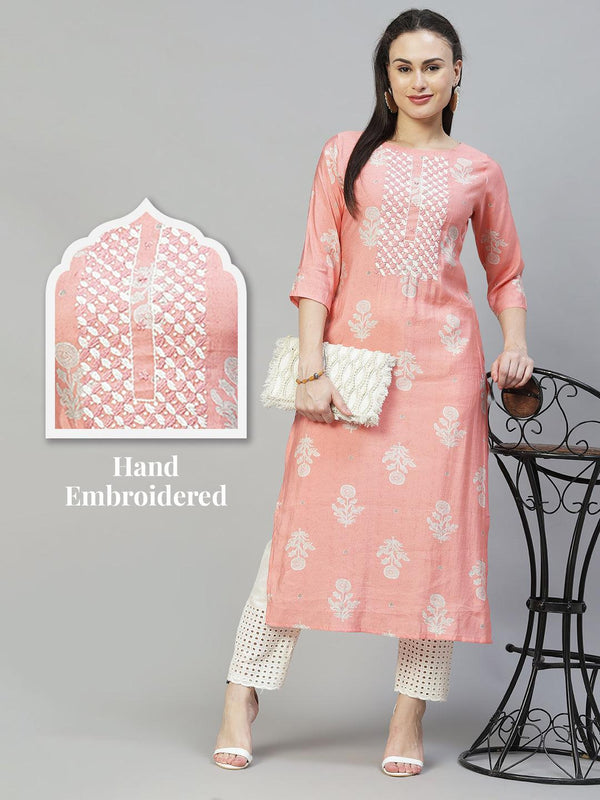 Floral Printed & Hand Embroidered Straight Fit Kurta - Peach - Indiakreations