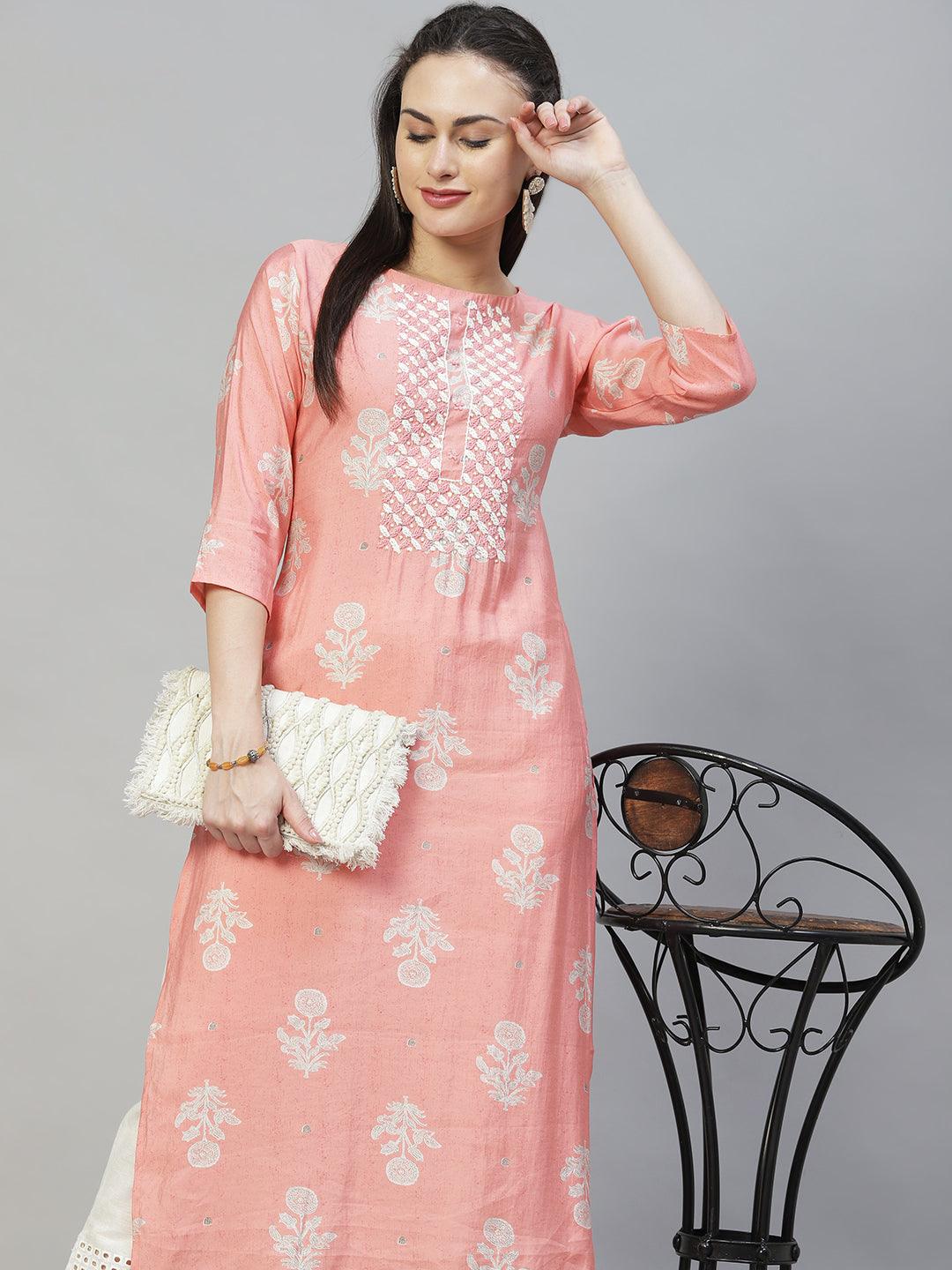 Floral Printed & Hand Embroidered Straight Fit Kurta - Peach - Indiakreations