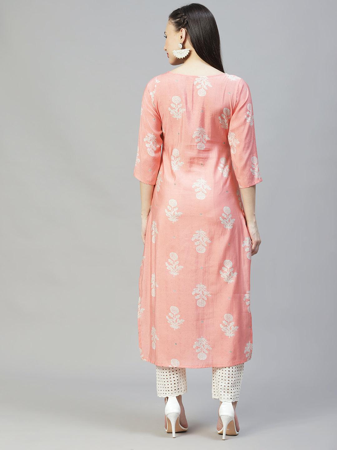 Floral Printed & Hand Embroidered Straight Fit Kurta - Peach - Indiakreations