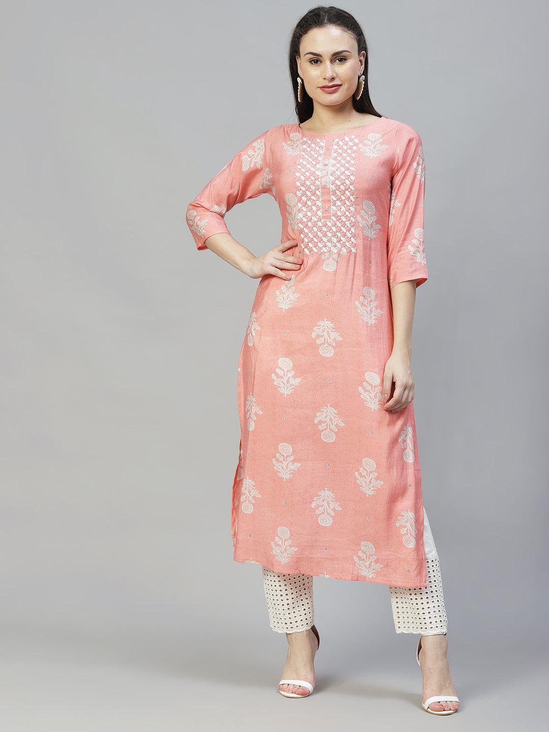 Floral Printed & Hand Embroidered Straight Fit Kurta - Peach - Indiakreations