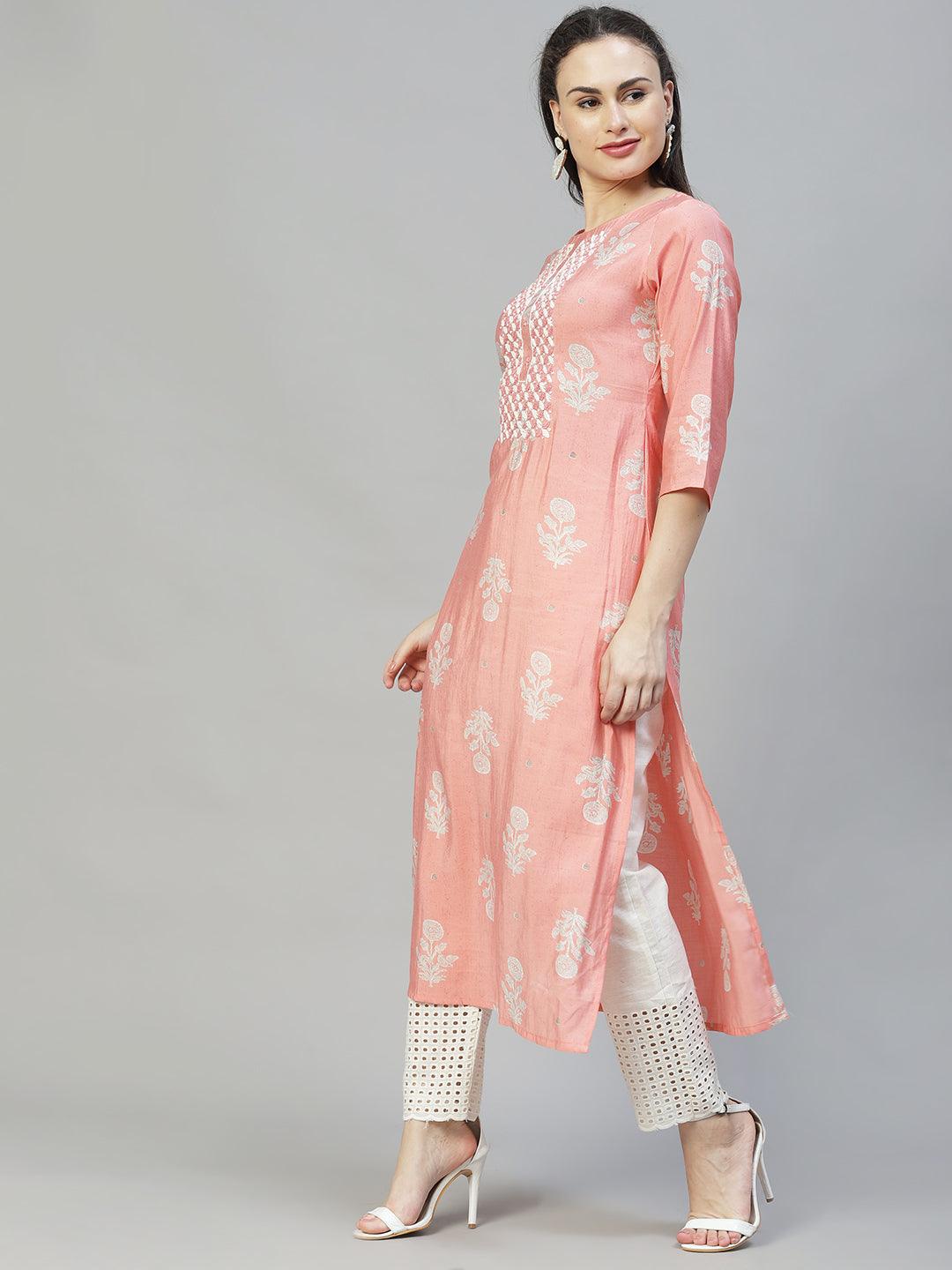 Floral Printed & Hand Embroidered Straight Fit Kurta - Peach - Indiakreations