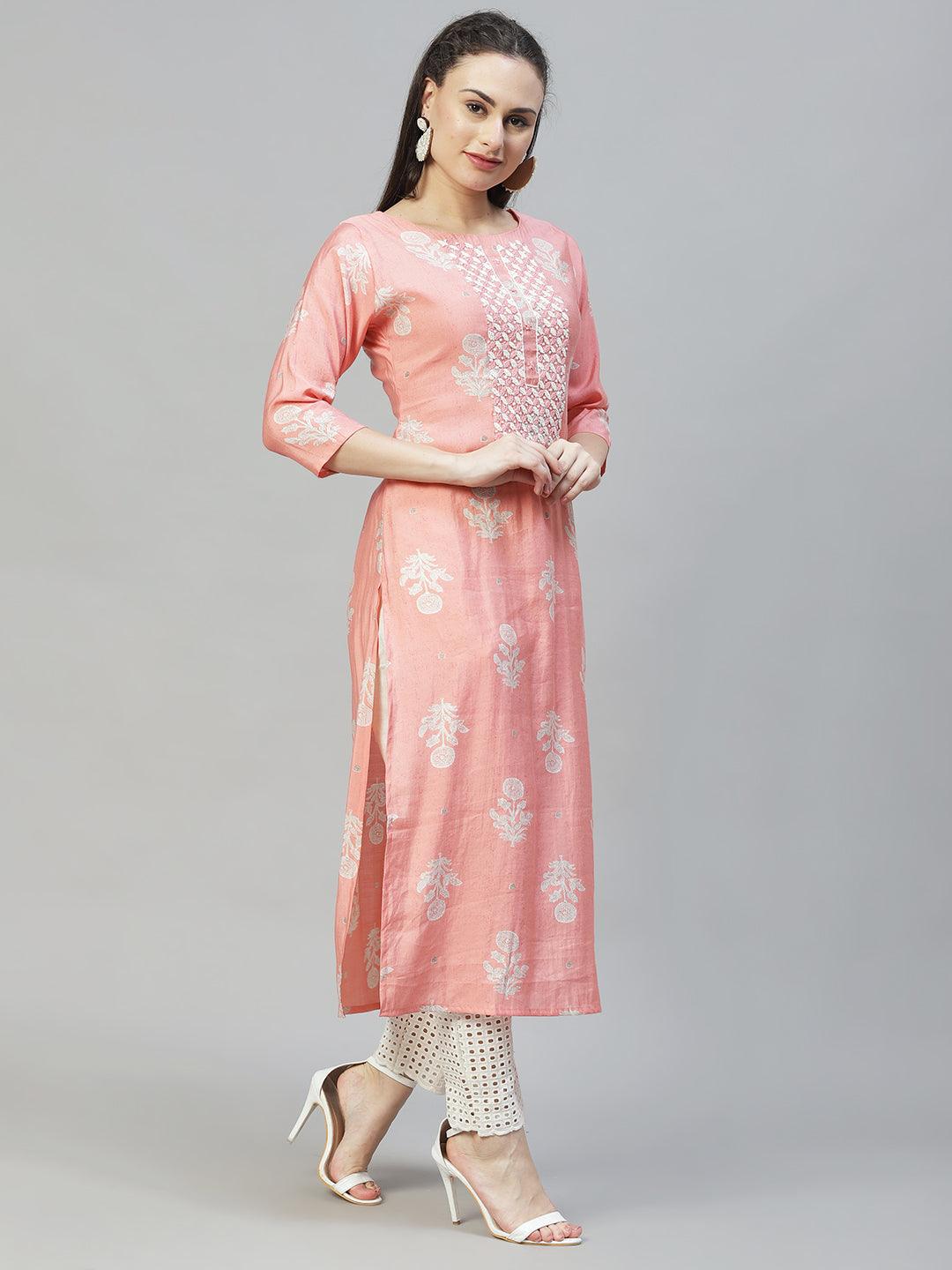 Floral Printed & Hand Embroidered Straight Fit Kurta - Peach - Indiakreations