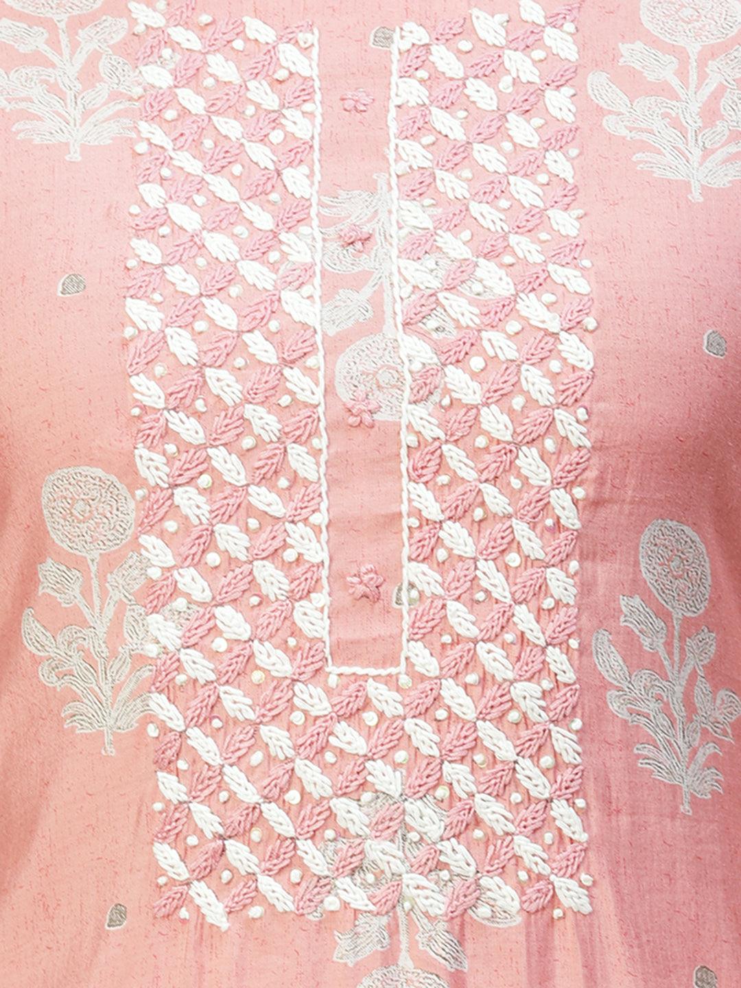 Floral Printed & Hand Embroidered Straight Fit Kurta - Peach - Indiakreations