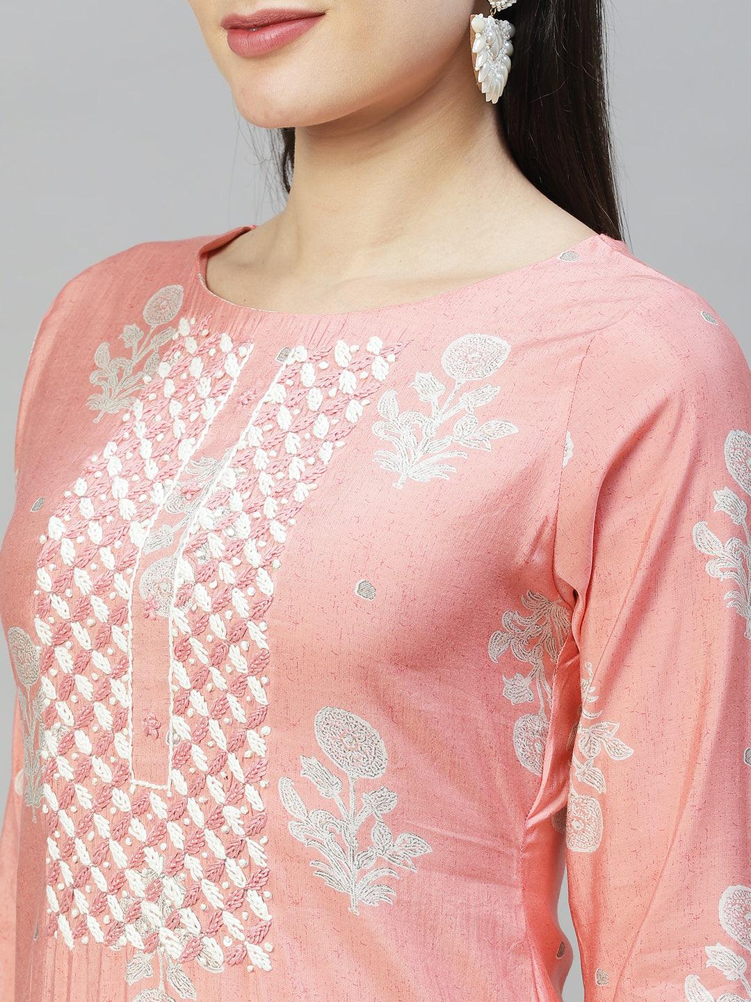 Floral Printed & Hand Embroidered Straight Fit Kurta - Peach - Indiakreations