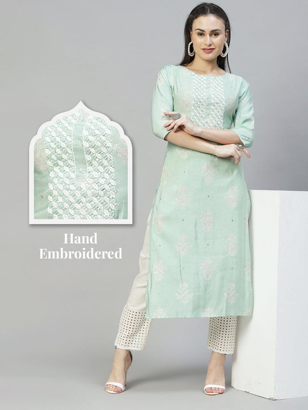 Floral Printed & Hand Embroidered Straight Fit Kurta - Pastel Green - Indiakreations