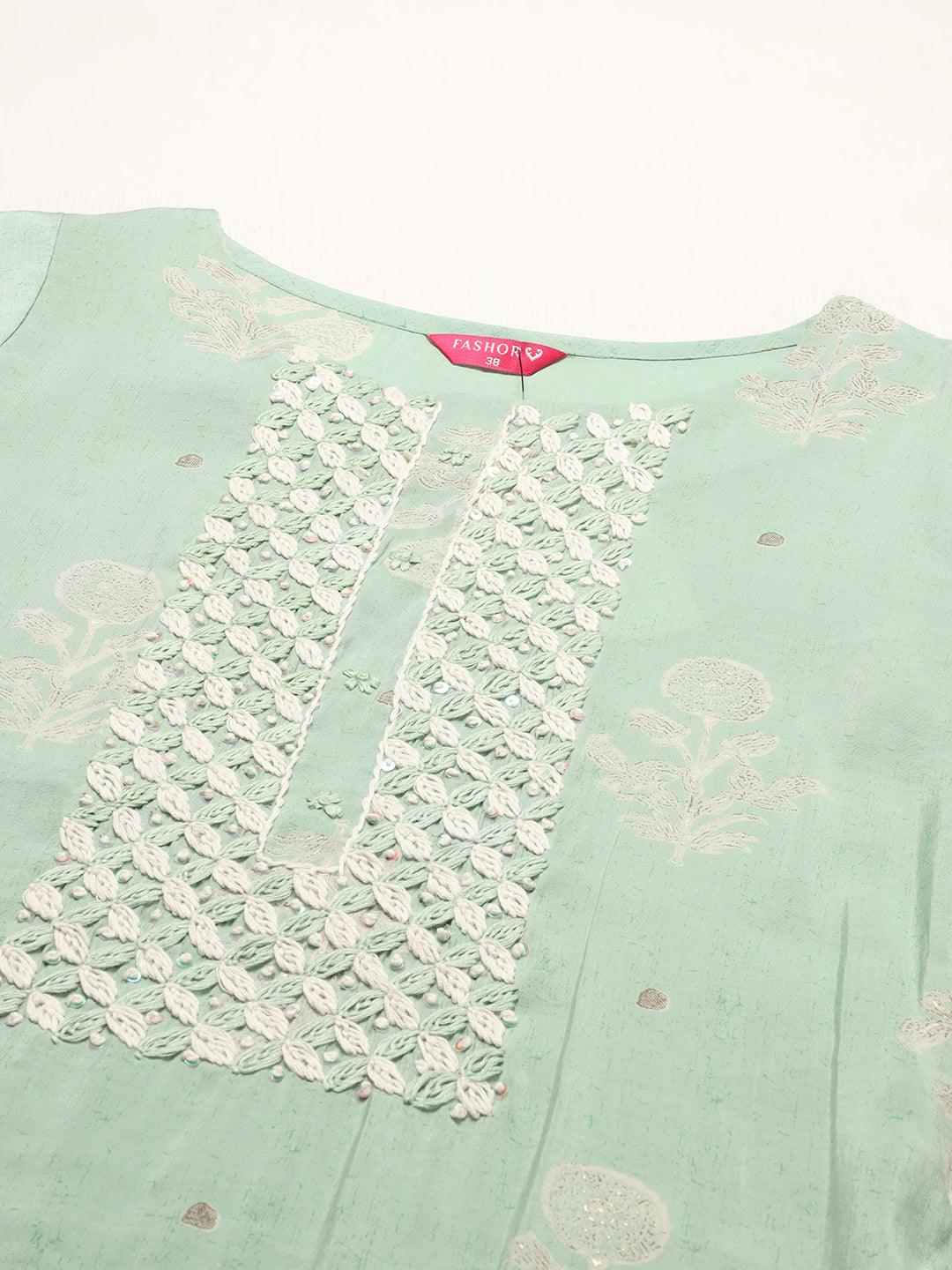 Floral Printed & Hand Embroidered Straight Fit Kurta - Pastel Green - Indiakreations