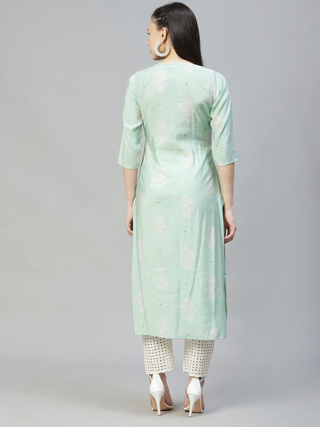 Floral Printed & Hand Embroidered Straight Fit Kurta - Pastel Green - Indiakreations