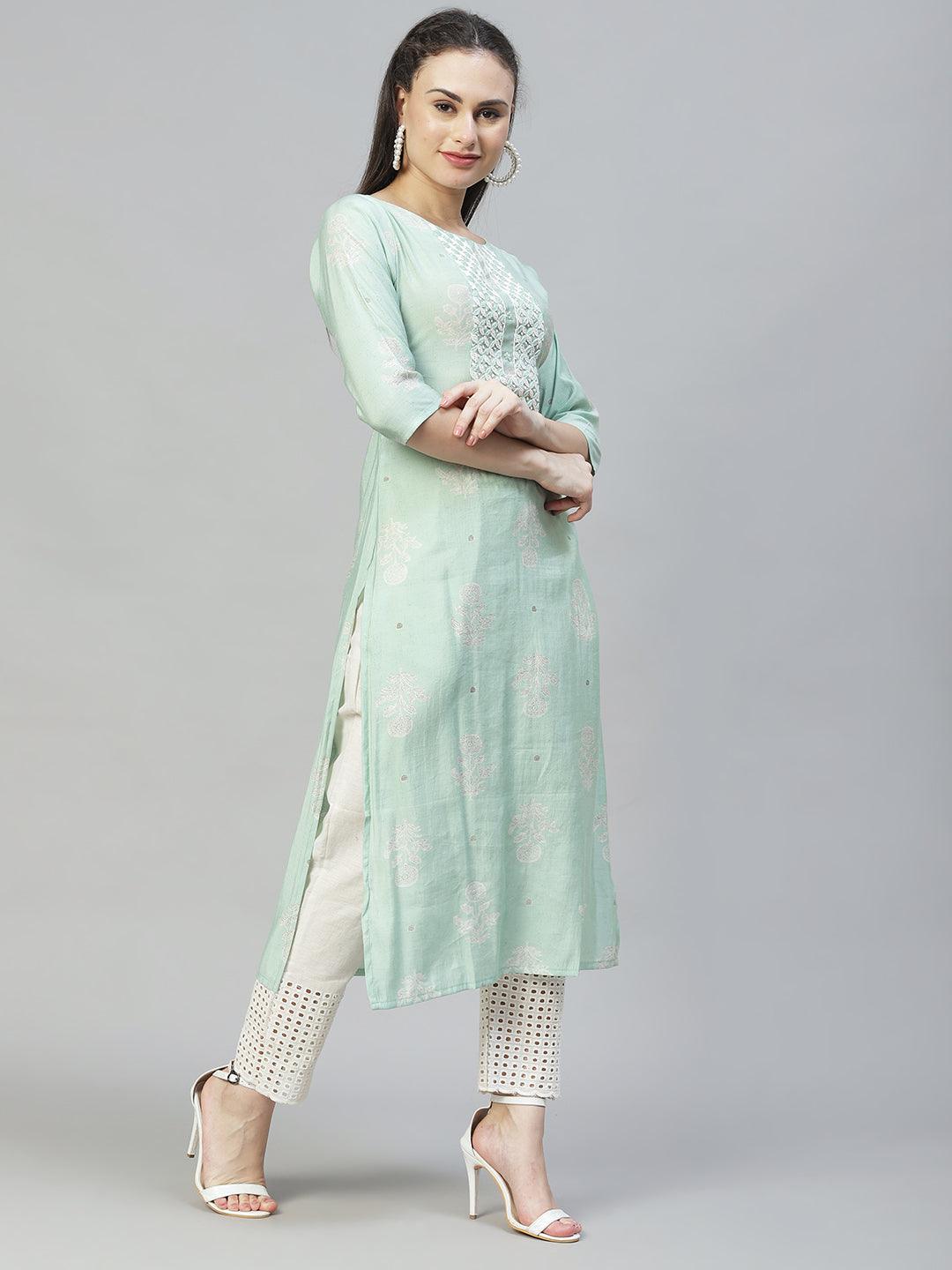 Floral Printed & Hand Embroidered Straight Fit Kurta - Pastel Green - Indiakreations