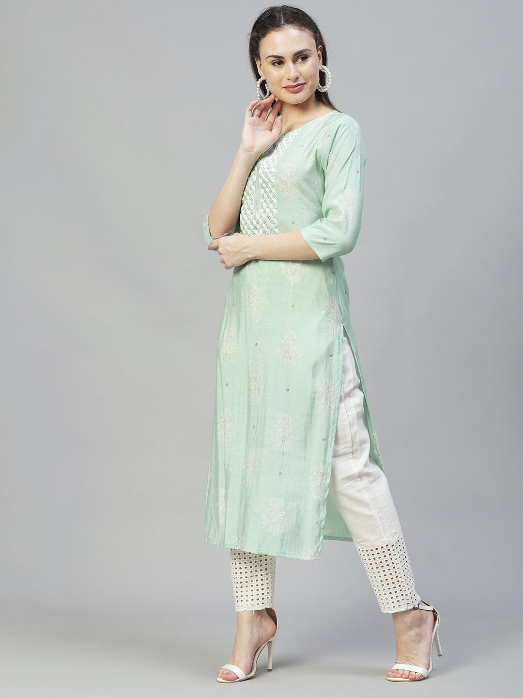 Floral Printed & Hand Embroidered Straight Fit Kurta - Pastel Green - Indiakreations