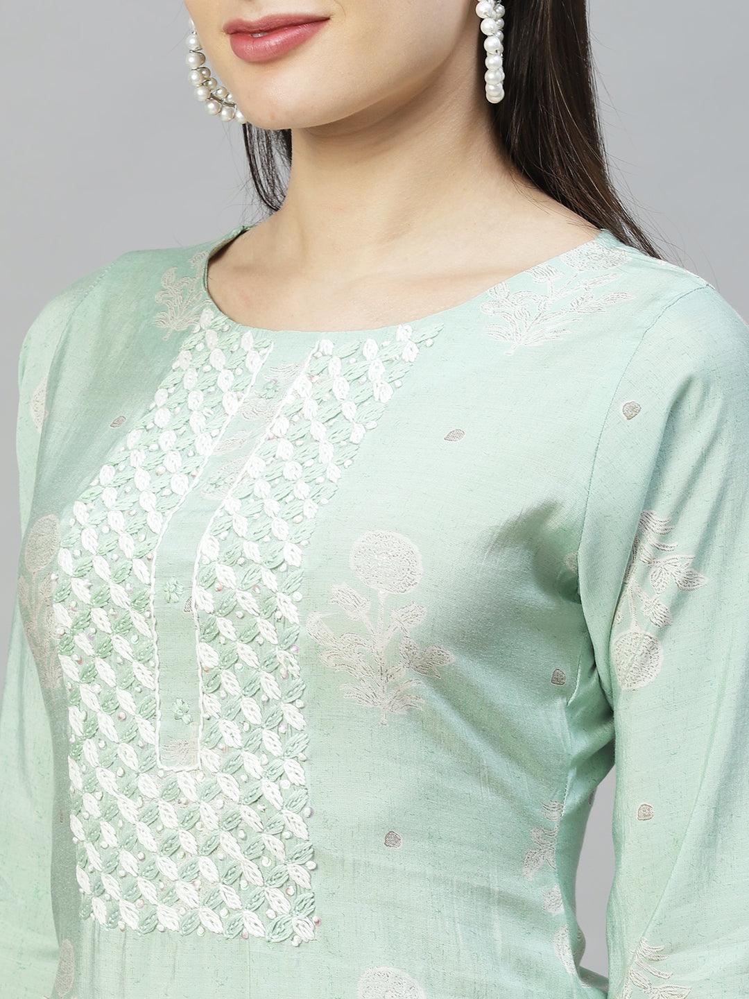 Floral Printed & Hand Embroidered Straight Fit Kurta - Pastel Green - Indiakreations