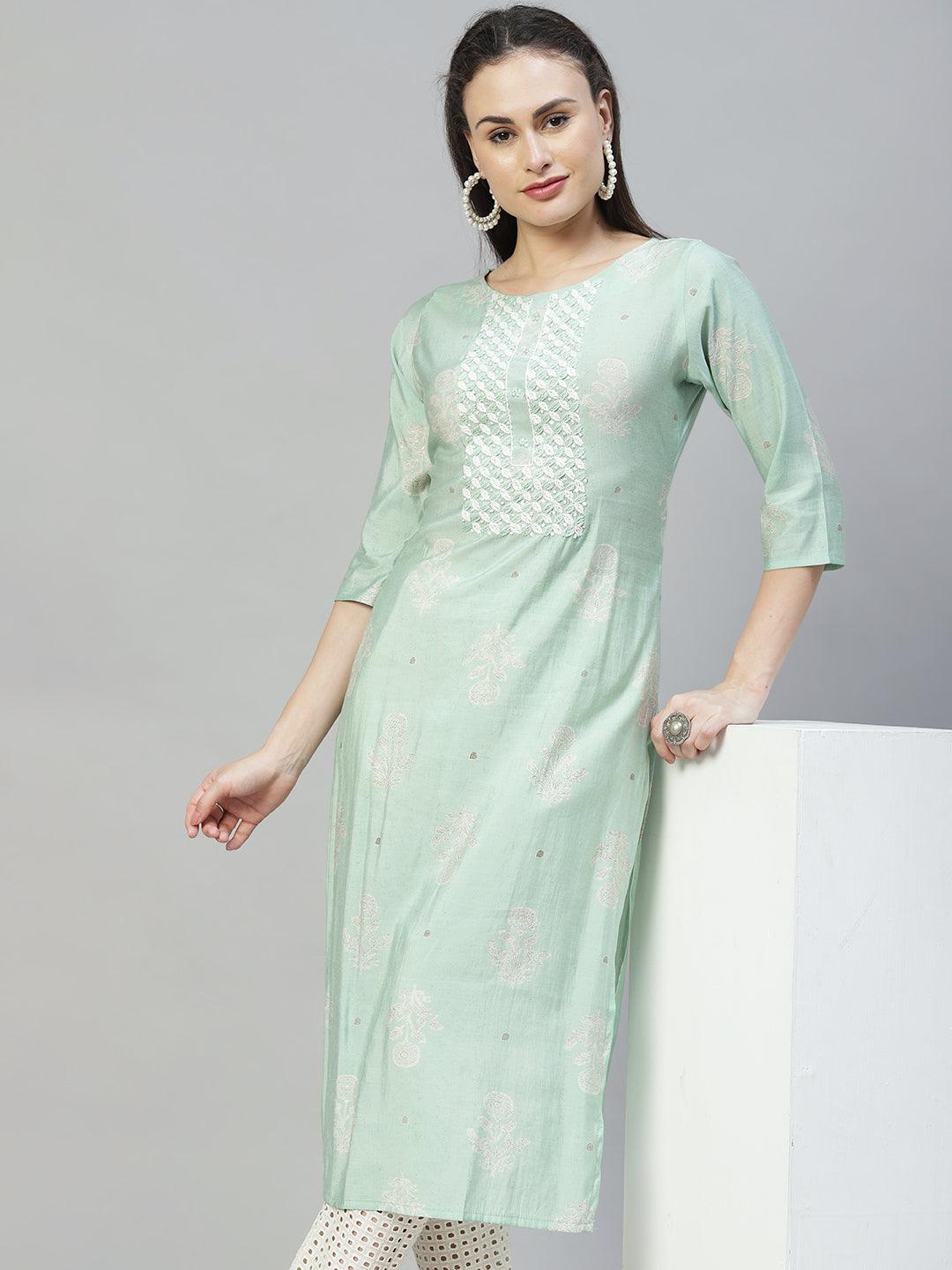 Floral Printed & Hand Embroidered Straight Fit Kurta - Pastel Green - Indiakreations