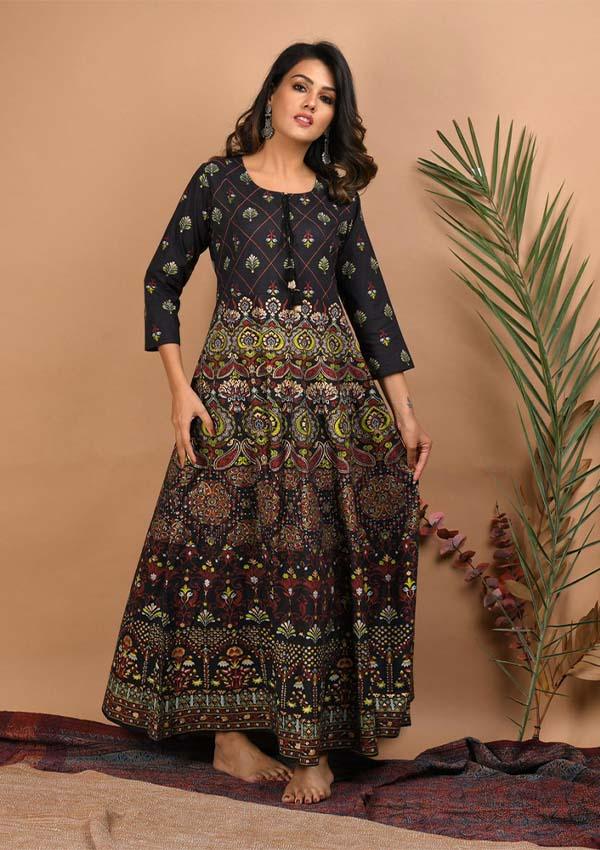 Black Gold Printed Ethnic Gown - Indiakreations