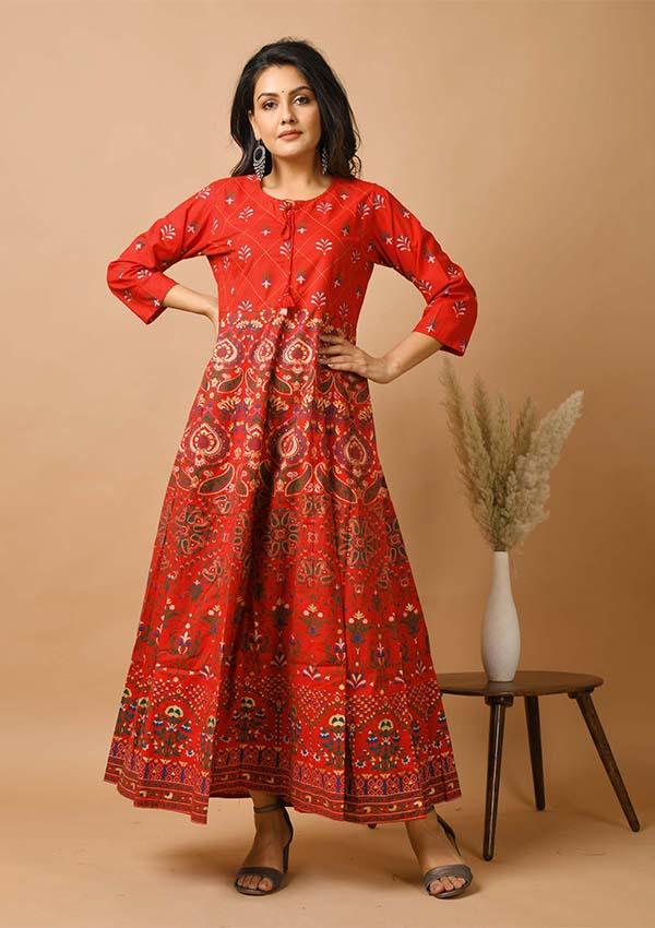 Red Gold Printed Ethnic Gown - Indiakreations