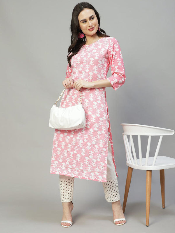 Ethnic Printed & Embroidered Straight Fit Kurta – Pink - Indiakreations