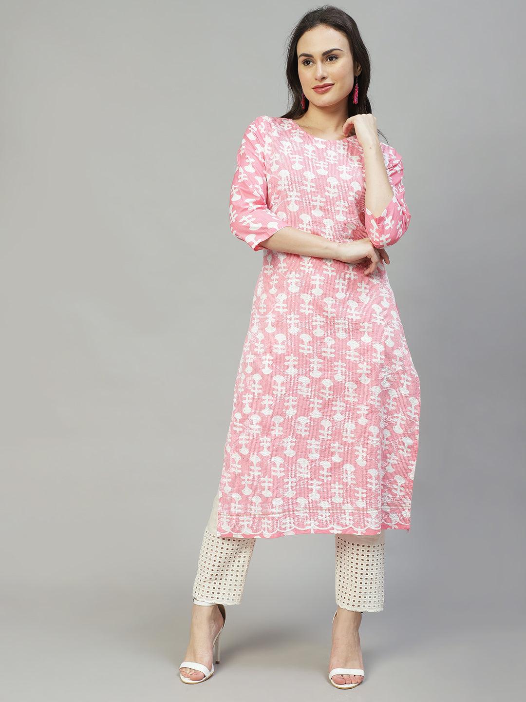 Ethnic Printed & Embroidered Straight Fit Kurta – Pink - Indiakreations