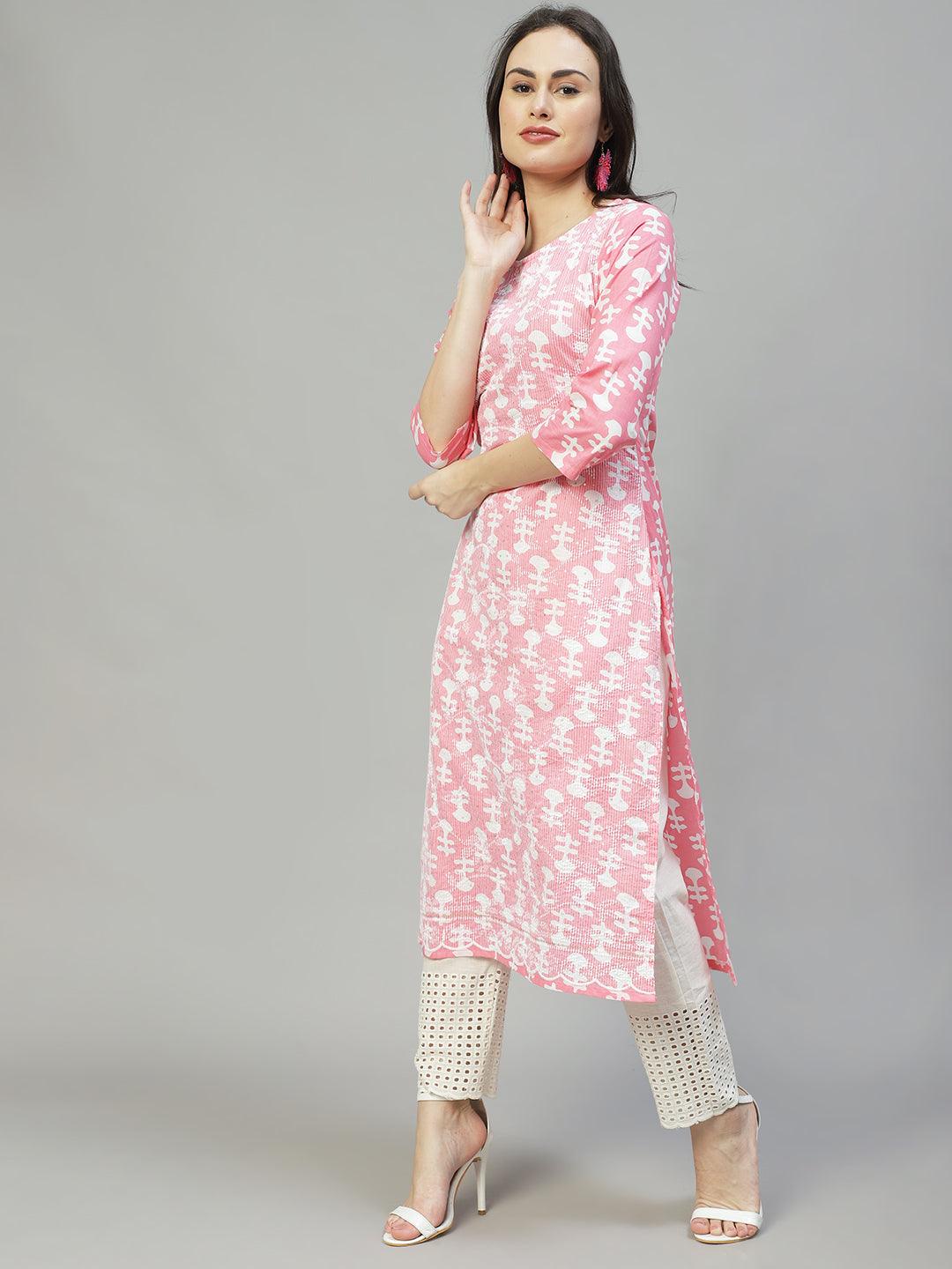 Ethnic Printed & Embroidered Straight Fit Kurta – Pink - Indiakreations