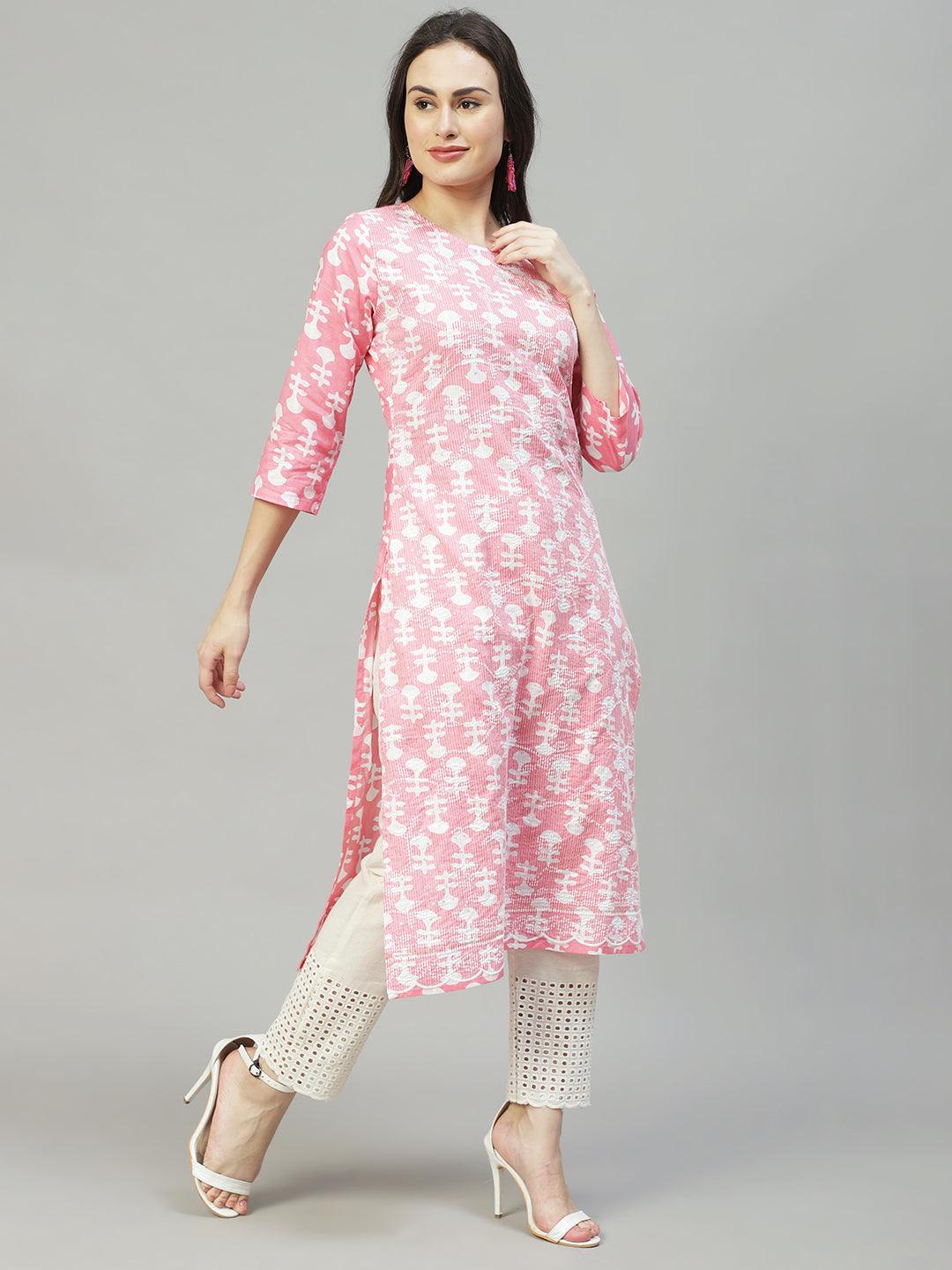 Ethnic Printed & Embroidered Straight Fit Kurta – Pink - Indiakreations