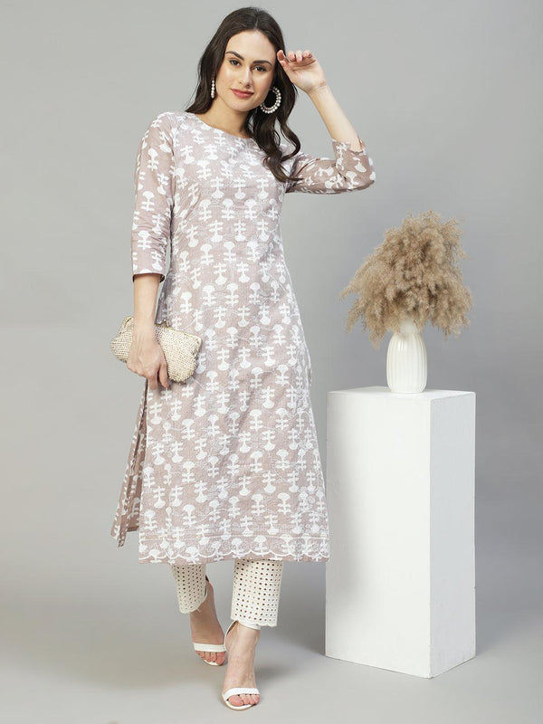 Ethnic Printed & Embroidered Straight Fit Kurta – Light Taupe - Indiakreations