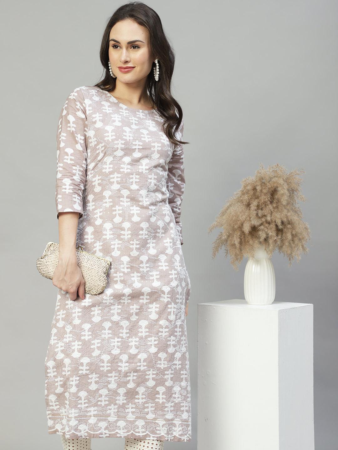 Ethnic Printed & Embroidered Straight Fit Kurta – Light Taupe - Indiakreations