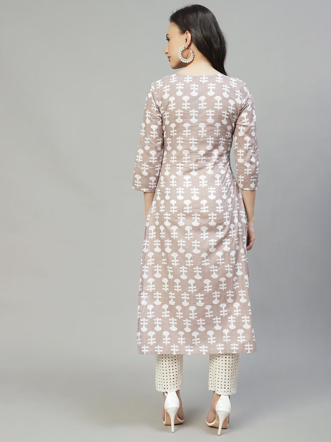 Ethnic Printed & Embroidered Straight Fit Kurta – Light Taupe - Indiakreations