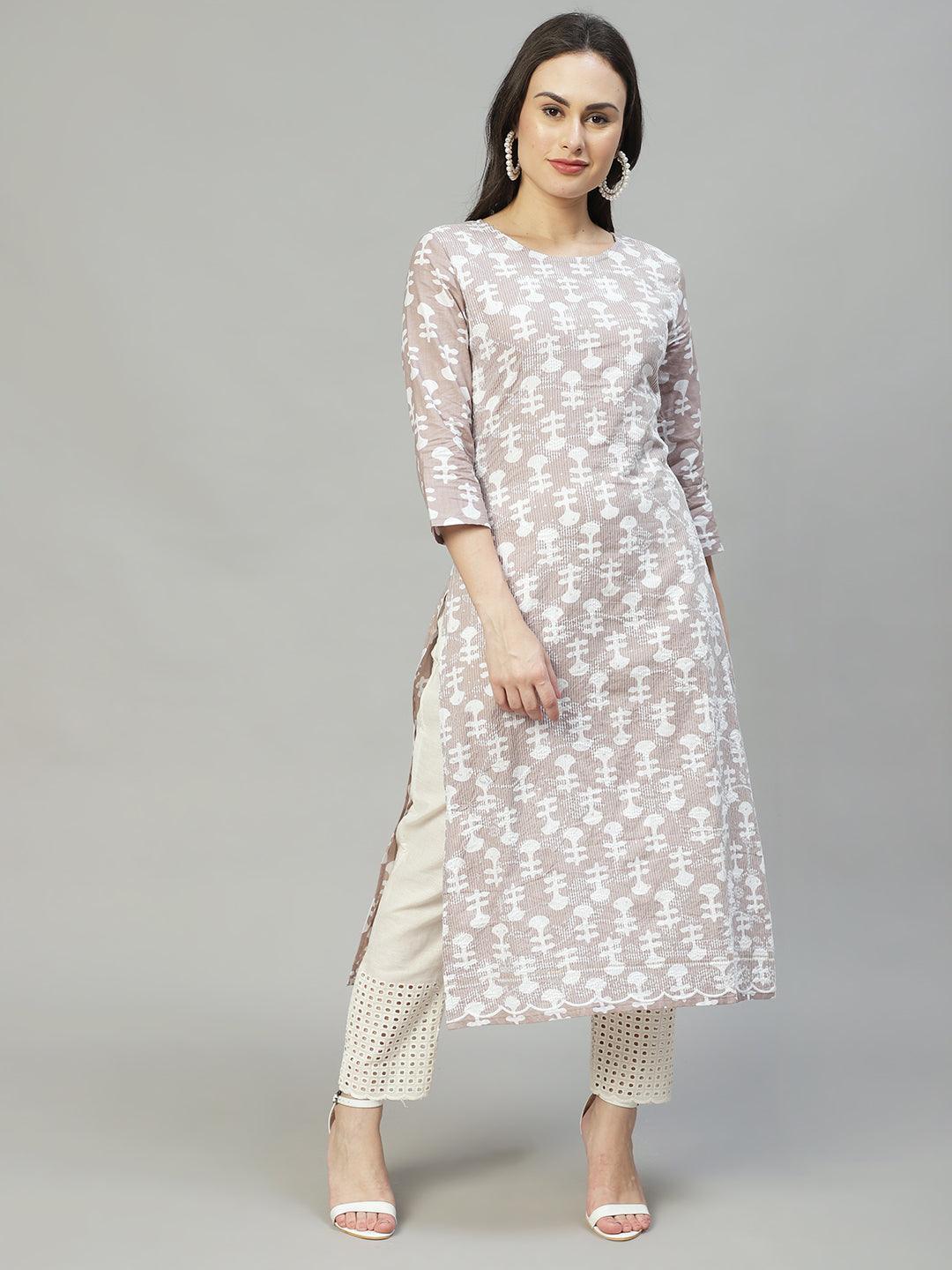 Ethnic Printed & Embroidered Straight Fit Kurta – Light Taupe - Indiakreations