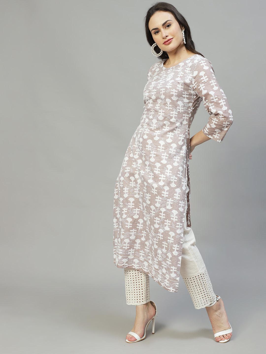 Ethnic Printed & Embroidered Straight Fit Kurta – Light Taupe - Indiakreations