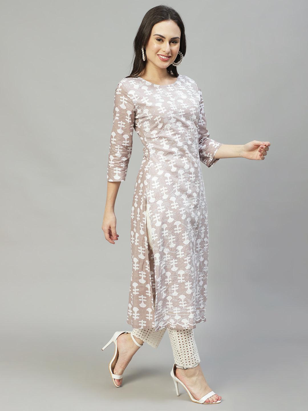 Ethnic Printed & Embroidered Straight Fit Kurta – Light Taupe - Indiakreations