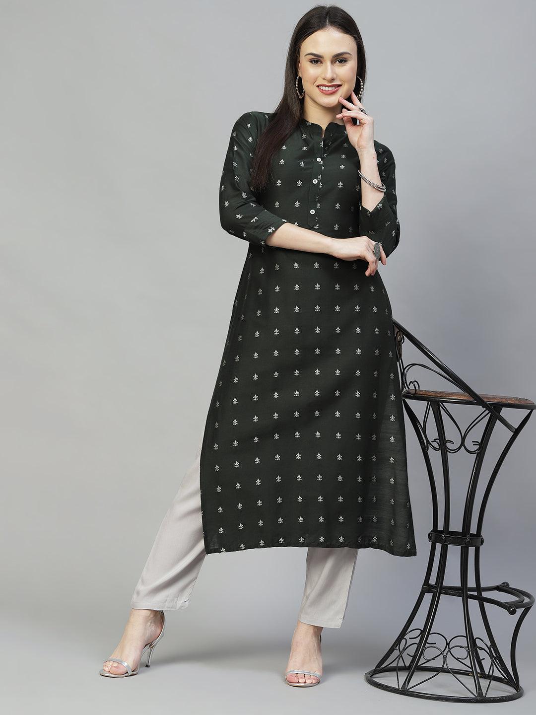 Ethnic Printed Straight Fit Kurta - Bottle Green - Indiakreations