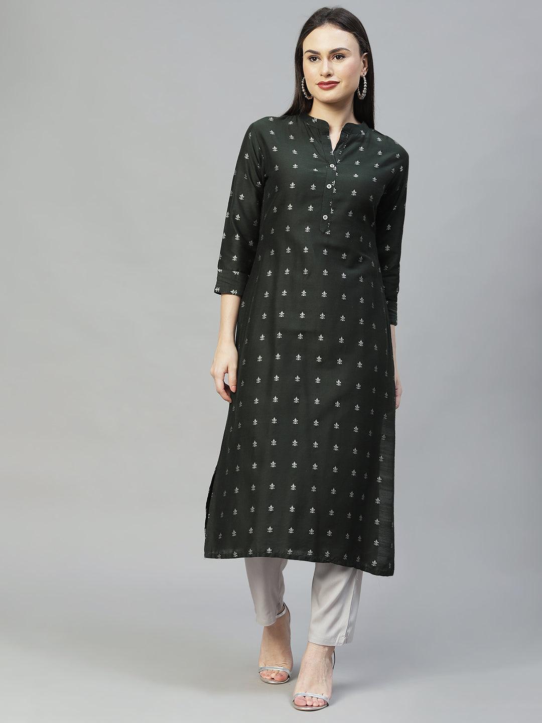 Ethnic Printed Straight Fit Kurta - Bottle Green - Indiakreations