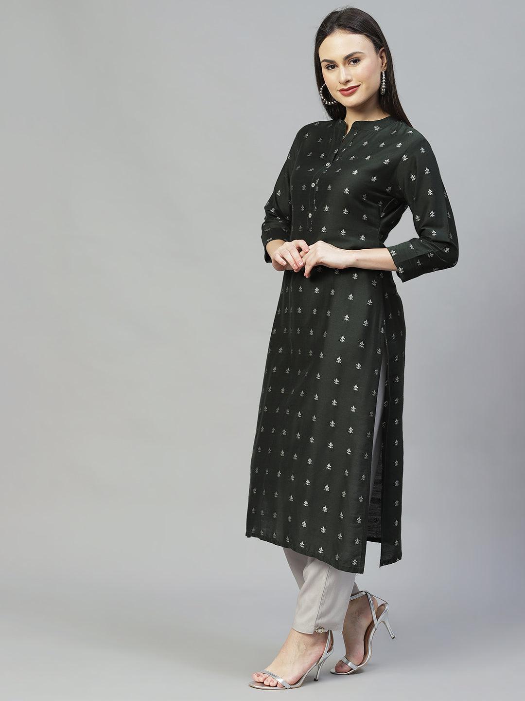 Ethnic Printed Straight Fit Kurta - Bottle Green - Indiakreations