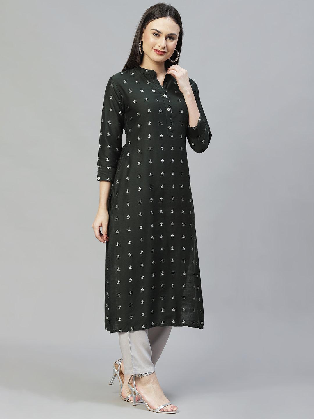 Ethnic Printed Straight Fit Kurta - Bottle Green - Indiakreations