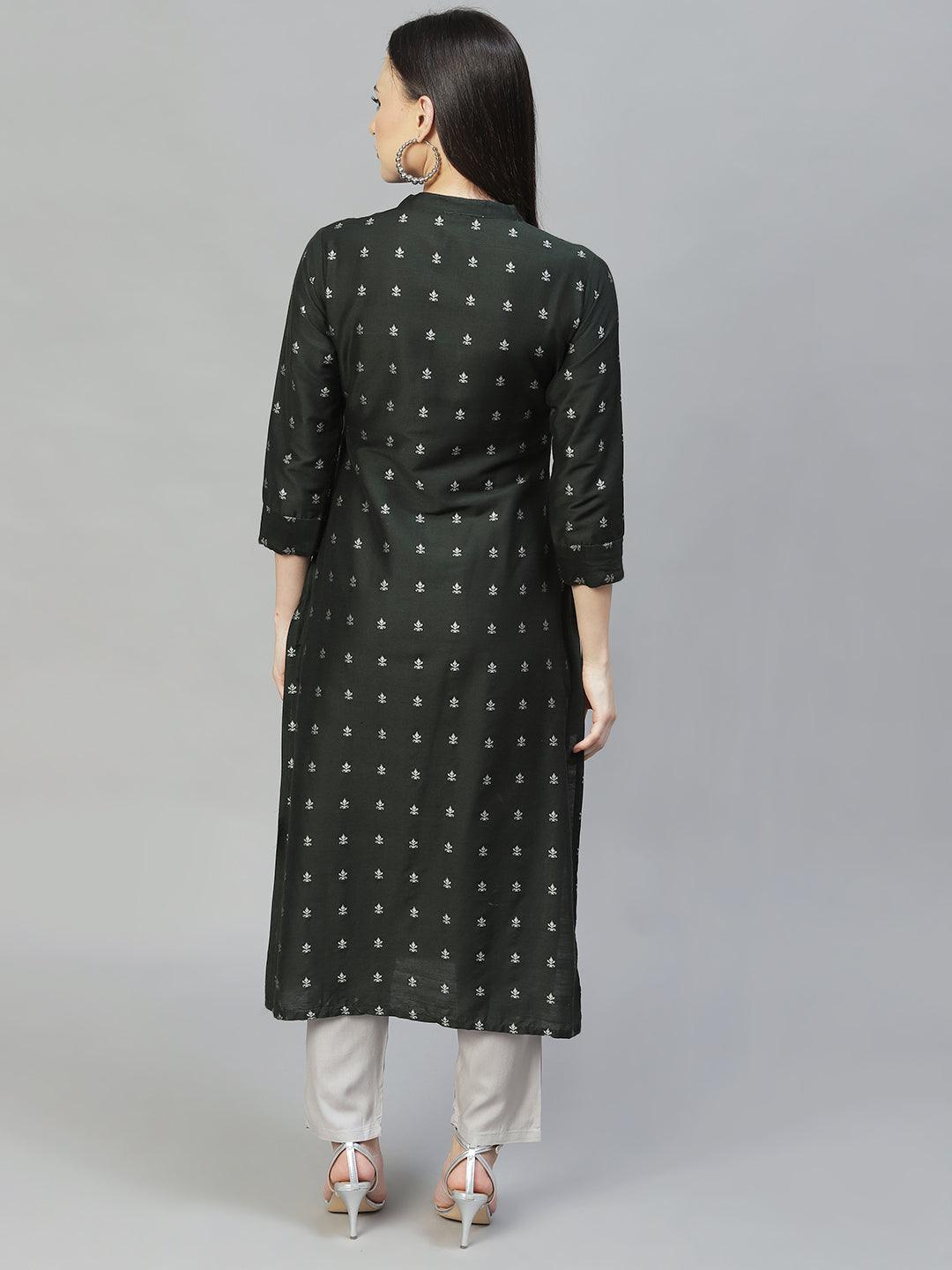 Ethnic Printed Straight Fit Kurta - Bottle Green - Indiakreations