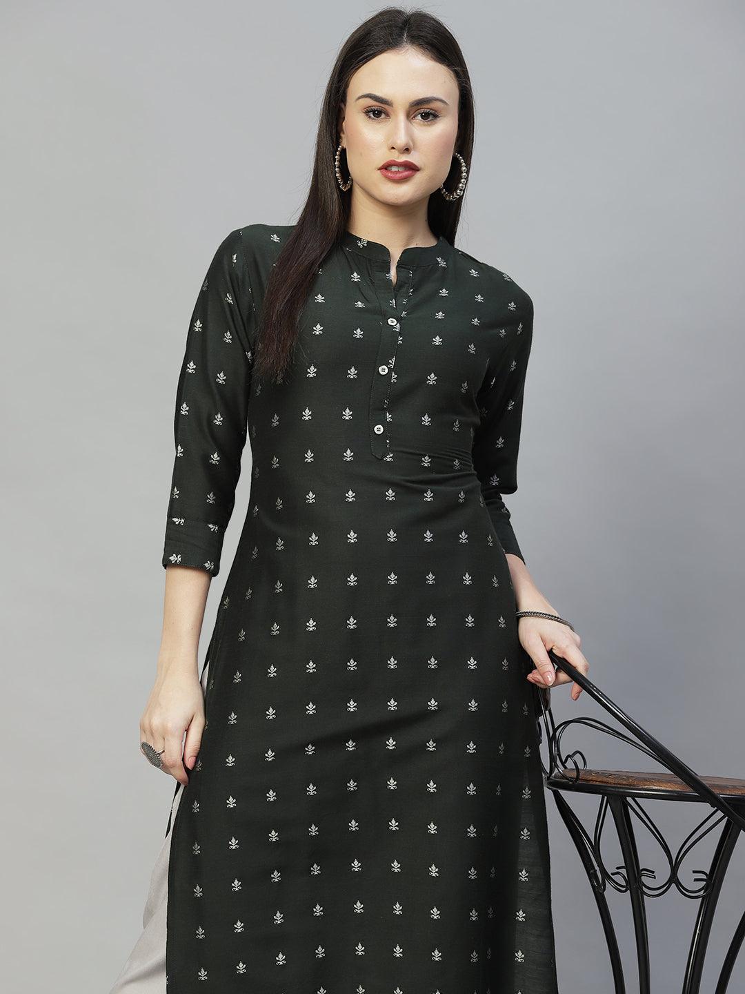 Ethnic Printed Straight Fit Kurta - Bottle Green - Indiakreations