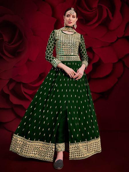 Women's Green Georgette Embroidered Anarkali Pant Style Suit - Myracouture - Indiakreations