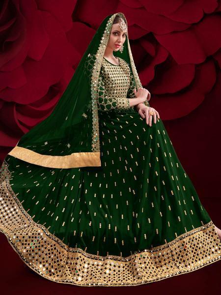 Women's Green Georgette Embroidered Anarkali Pant Style Suit - Myracouture - Indiakreations