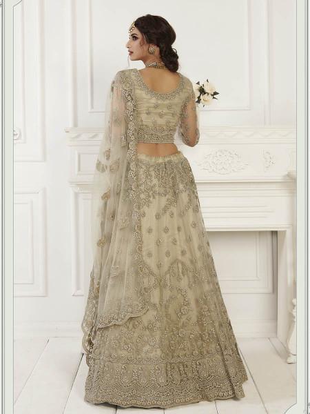 Women's Beige Heavy Embroidered Net Bridal Lehenga - Myracouture - Indiakreations