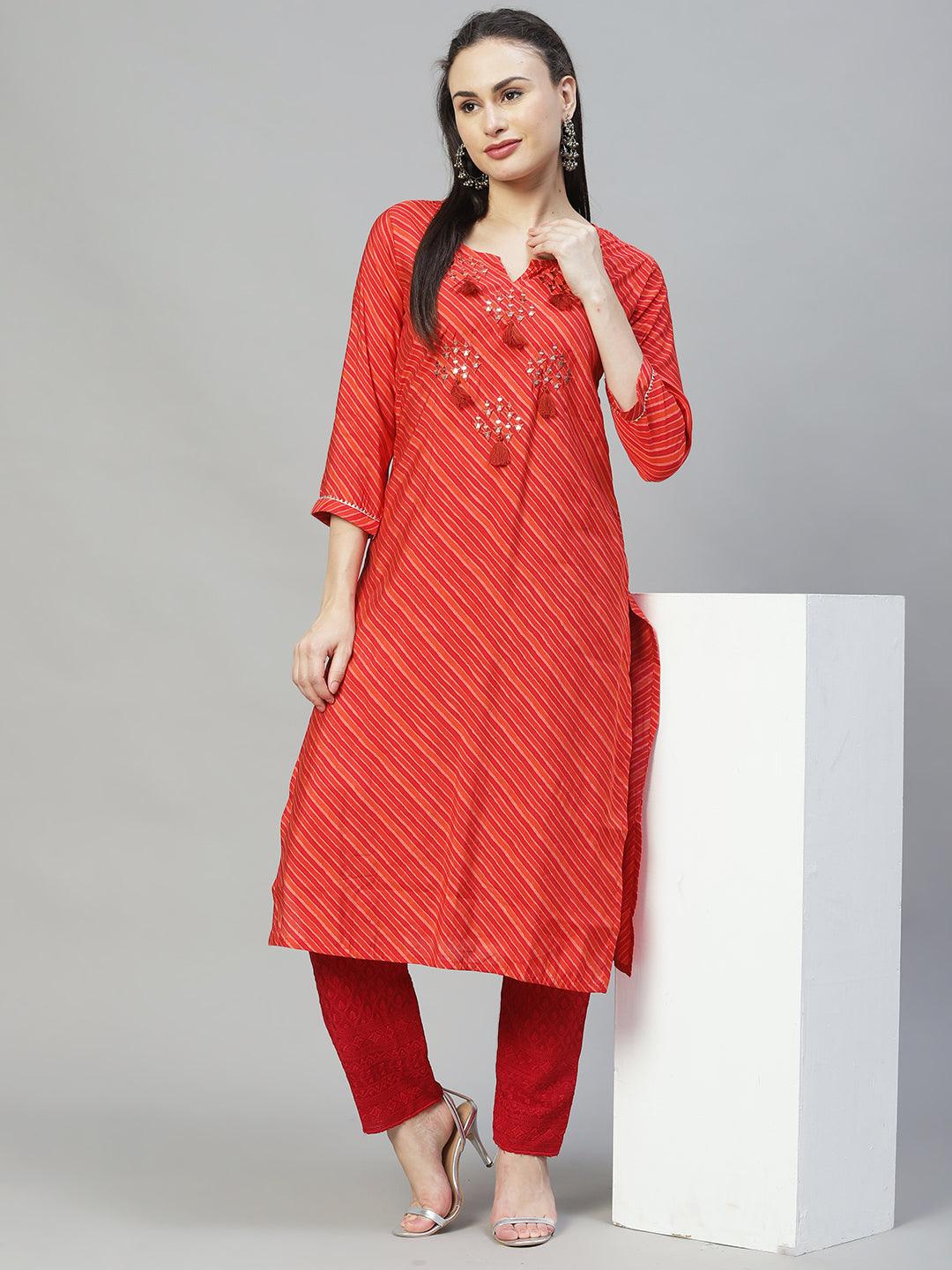 Leheriya Printed & Embroidered Straight Fit Kurta - Multi - Indiakreations