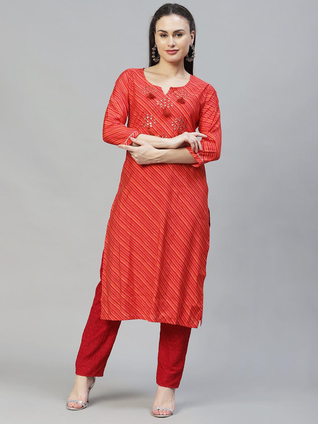 Leheriya Printed & Embroidered Straight Fit Kurta - Multi - Indiakreations