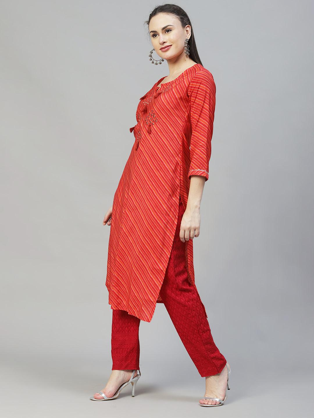 Leheriya Printed & Embroidered Straight Fit Kurta - Multi - Indiakreations