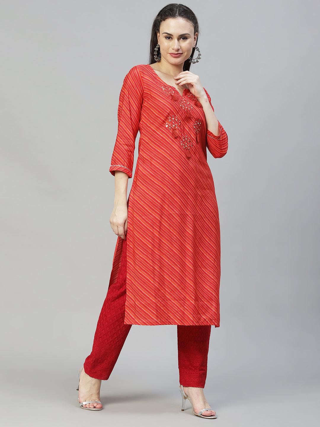 Leheriya Printed & Embroidered Straight Fit Kurta - Multi - Indiakreations