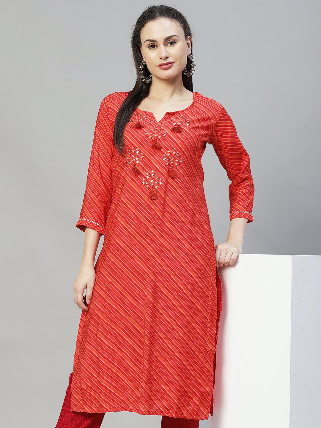 Leheriya Printed & Embroidered Straight Fit Kurta - Multi - Indiakreations