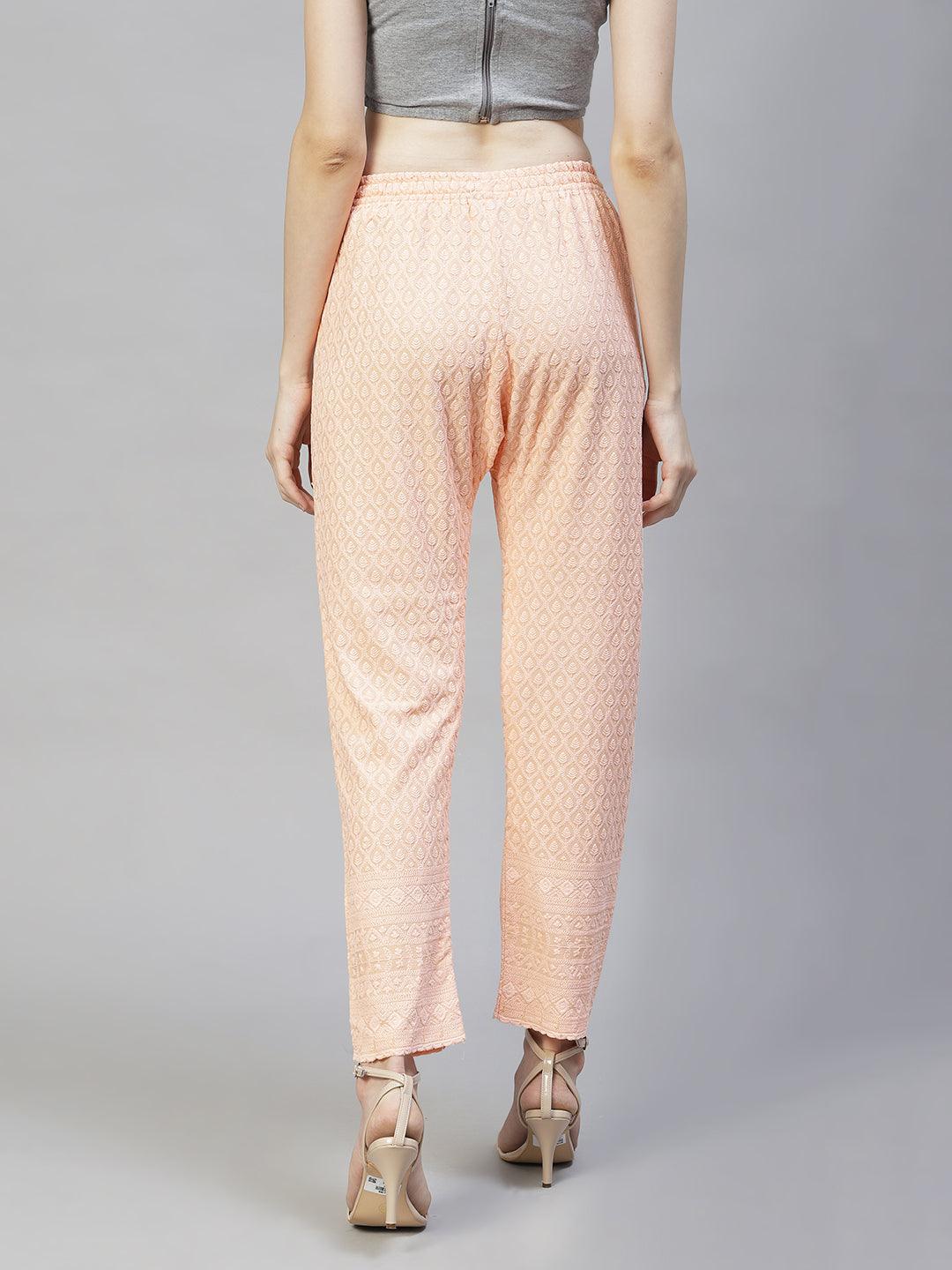 Ethnic Chikankari Embroidered Ankle Pants - Peach - Indiakreations