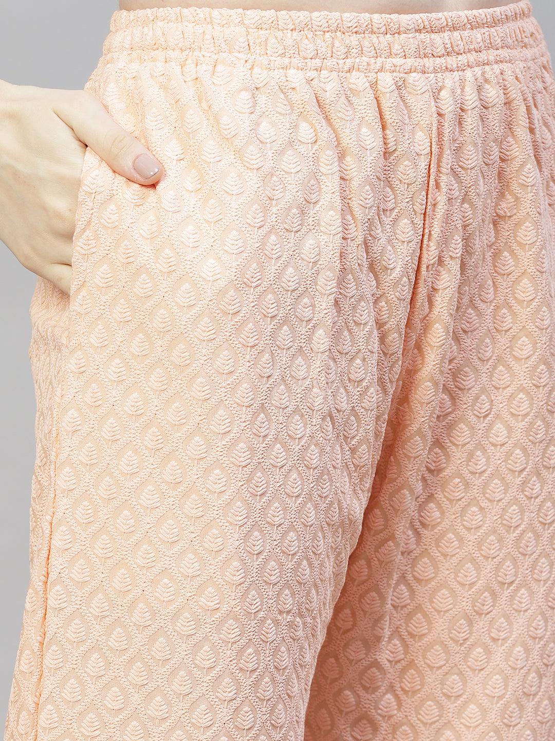 Ethnic Chikankari Embroidered Ankle Pants - Peach - Indiakreations